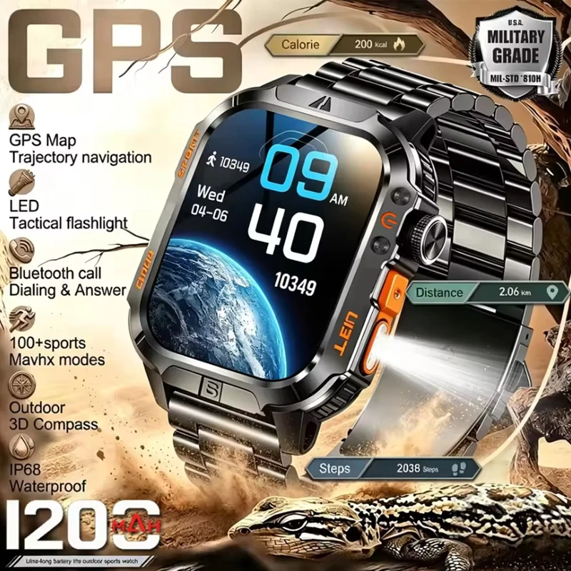 Nouvelle Montre Connectée Homme 2026 avec Batterie Grande Capacité 1200mAh, Plus de 100 Modes Sportifs, Étanchéité IP68, Lampe Torche LED et Suivi de Santé