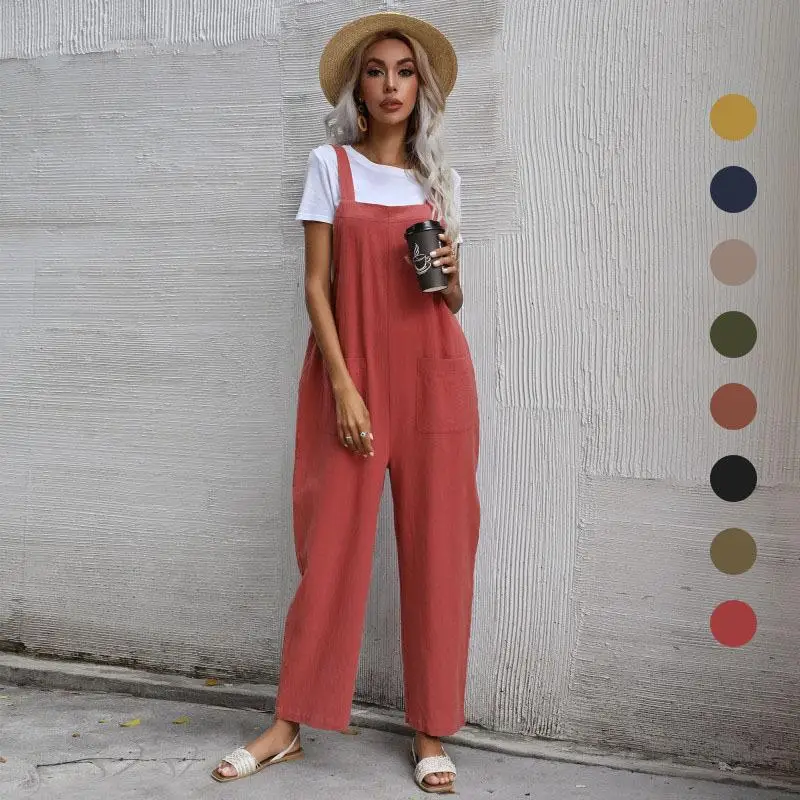 

Women's High Waist Cotton Linen Lazy Jumpsuit Overalls Casual Pants Spring Loose Fit ket Detail Mid-aged Women