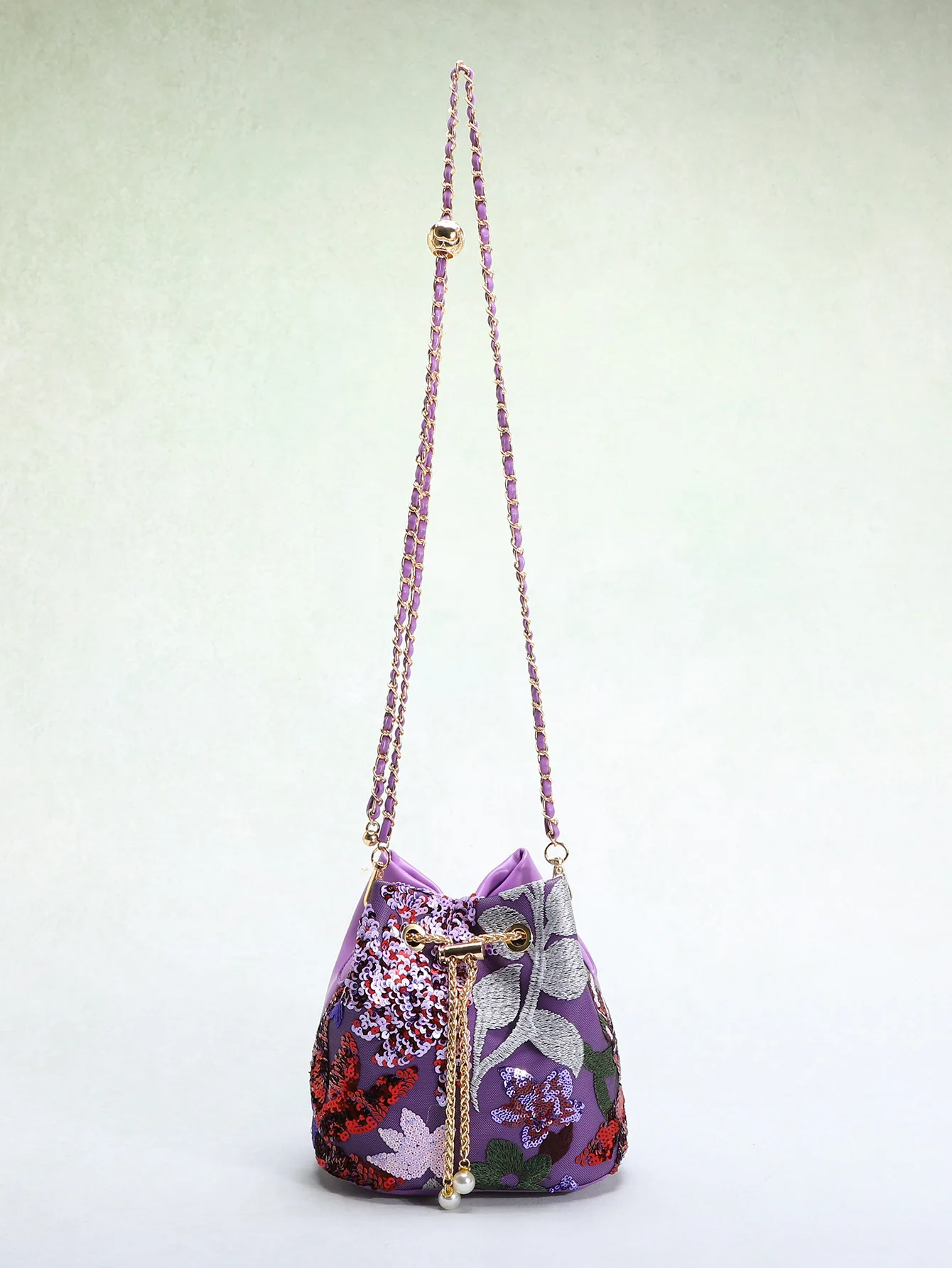 Women's Elegant  Shoulder Bag Purple Bucket Bag Floral Embroidery Sequin Bag Contrasting Color Handbag Stylish Bag