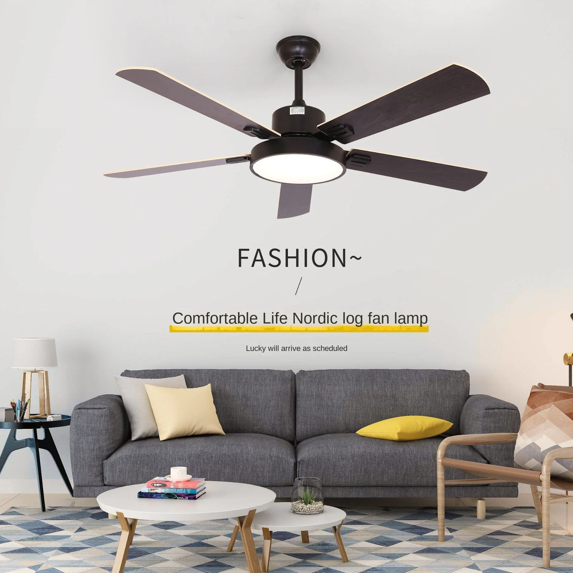 

WiFi remote straight leaf fan light, wooden household electric fan, LED restaurant ceiling fan, 110V ceiling fan light