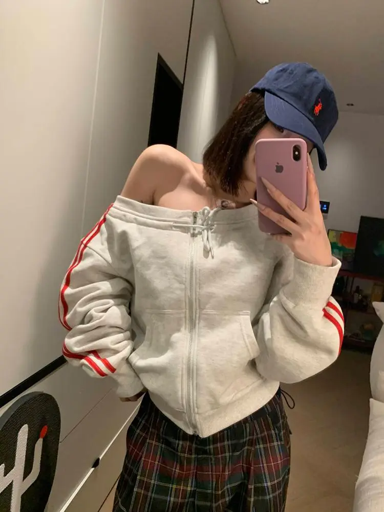 

HOUZHOU American Retro Sweatshirts Women Sexy Off Shoulder Zipper Top Vintage Casual Oversized Long Sleeve Sweatshirt Aesthetics