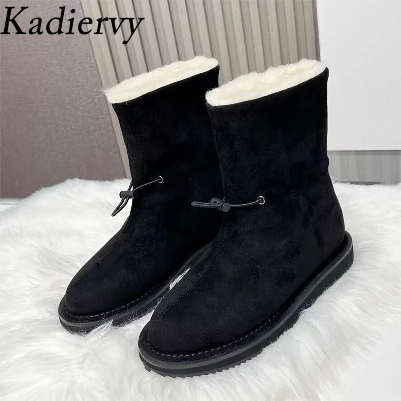 

Winter Snow Boots Woman Round Toe Elastic Band Short Boots Wool Warm Flat Shoes Woman Cow Suede Black Brown Snow Boots Women