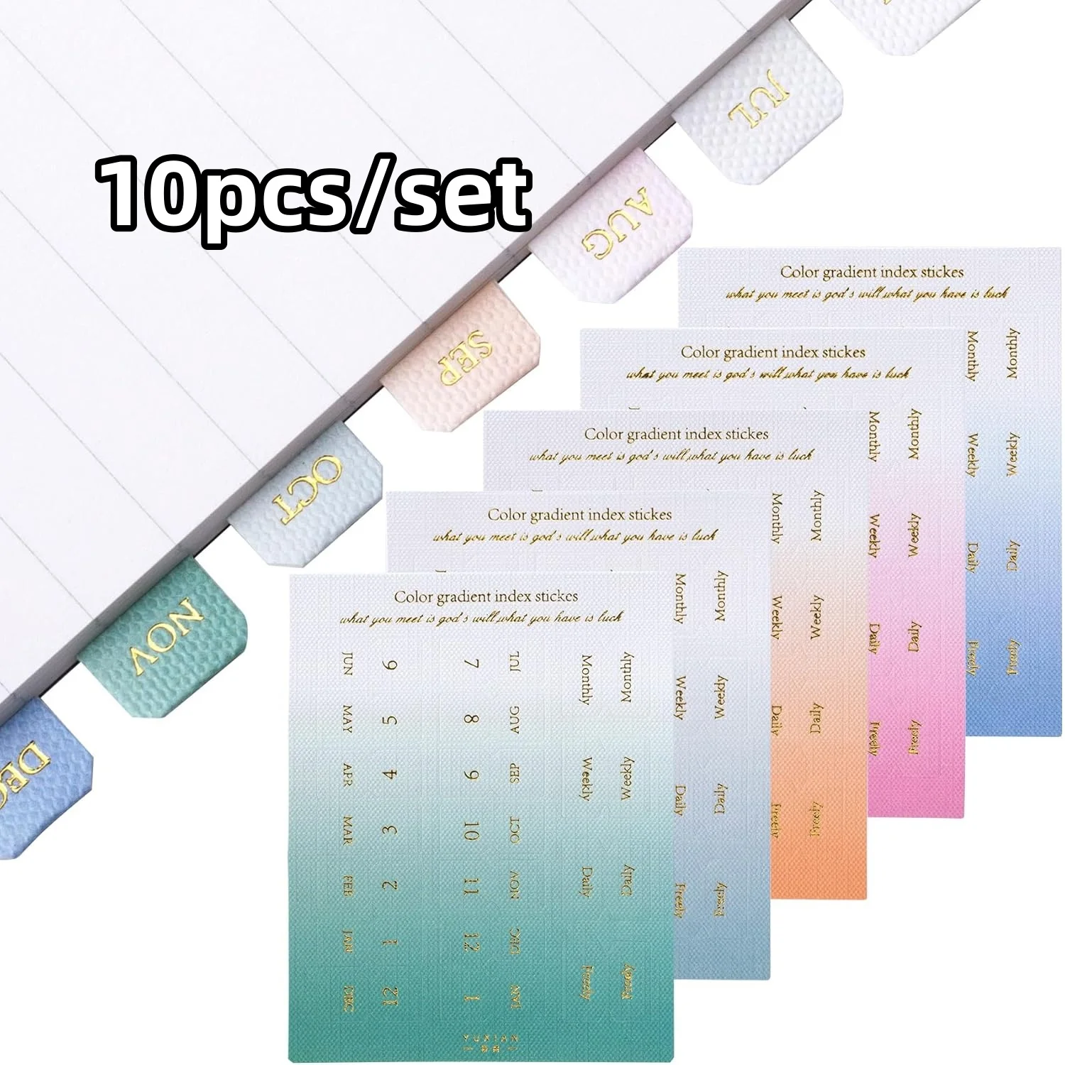 10 vellen zelfklevende maandplannetiketten met kleurverloop, genummerde kalenderlabels met gesplitste pagina's (1-12), opbergruimte voor dagboekplannen