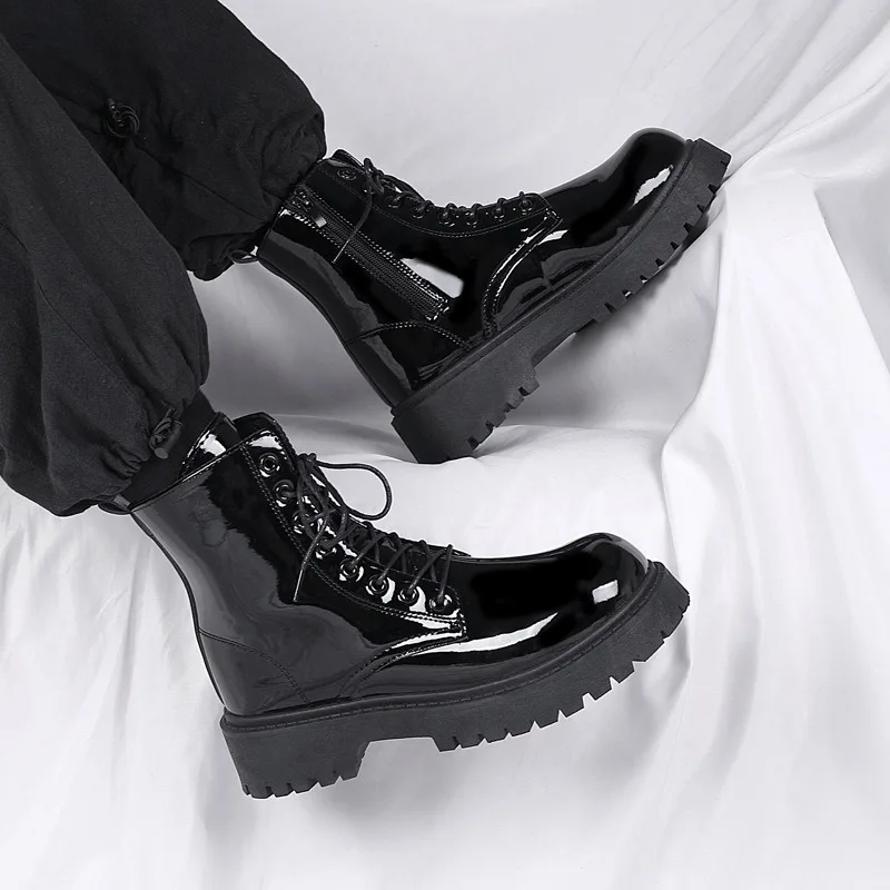 Men's High Top Boots High Quality Patent Leather Ankle Boots Waterproof  Leather Boots Fashion Motorcycle Boot Botas Para Hombre