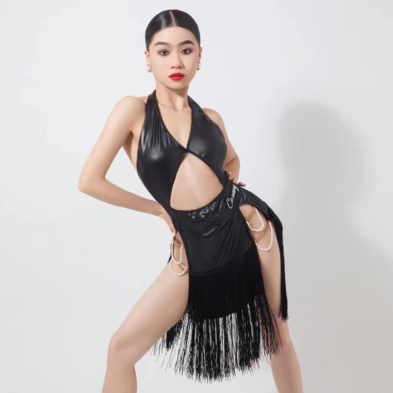 Black Leather Latin Dance Dress Women Competition Clothing Sexy Hollow Out Fringe Dress Rumba Cha Cha Show Dance Costume NV19667