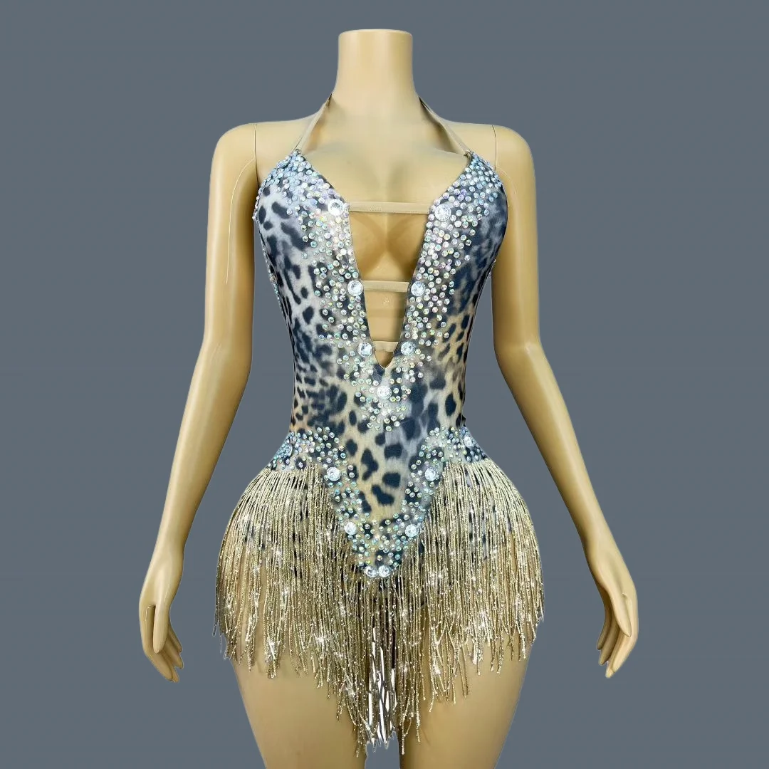 

Night Streamer Party Stage Drag Queen Performance Wear Deep V Neck Sexy Bodysuit Rhinestone Tassel Leopard Print Outfit Huangbao