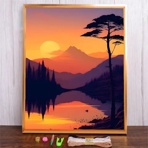 DMC Cotton Thread Cross Stitch Kits Sunset Landscape Printed Canvas Full Patterns Embroidery 11CT Home Decor Embroidery Set
