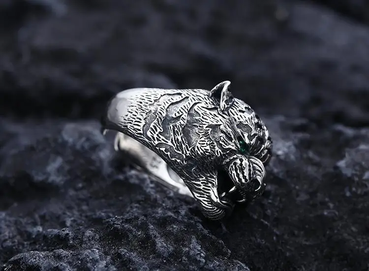 S925 Sterling Silver Jewelry Men's Bold Personality Tiger Head Open Ring Trendy Retro Single Index Finger Ring