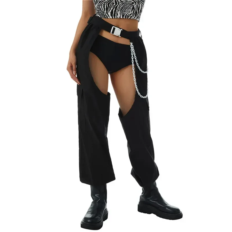 Pantaloni lunghi da donna con apertura sul cavallo pantaloni neri solidi a vita alta senza cavallo con cintura a catena Lady Sexy Night Club cavallo pantaloni MYQH05