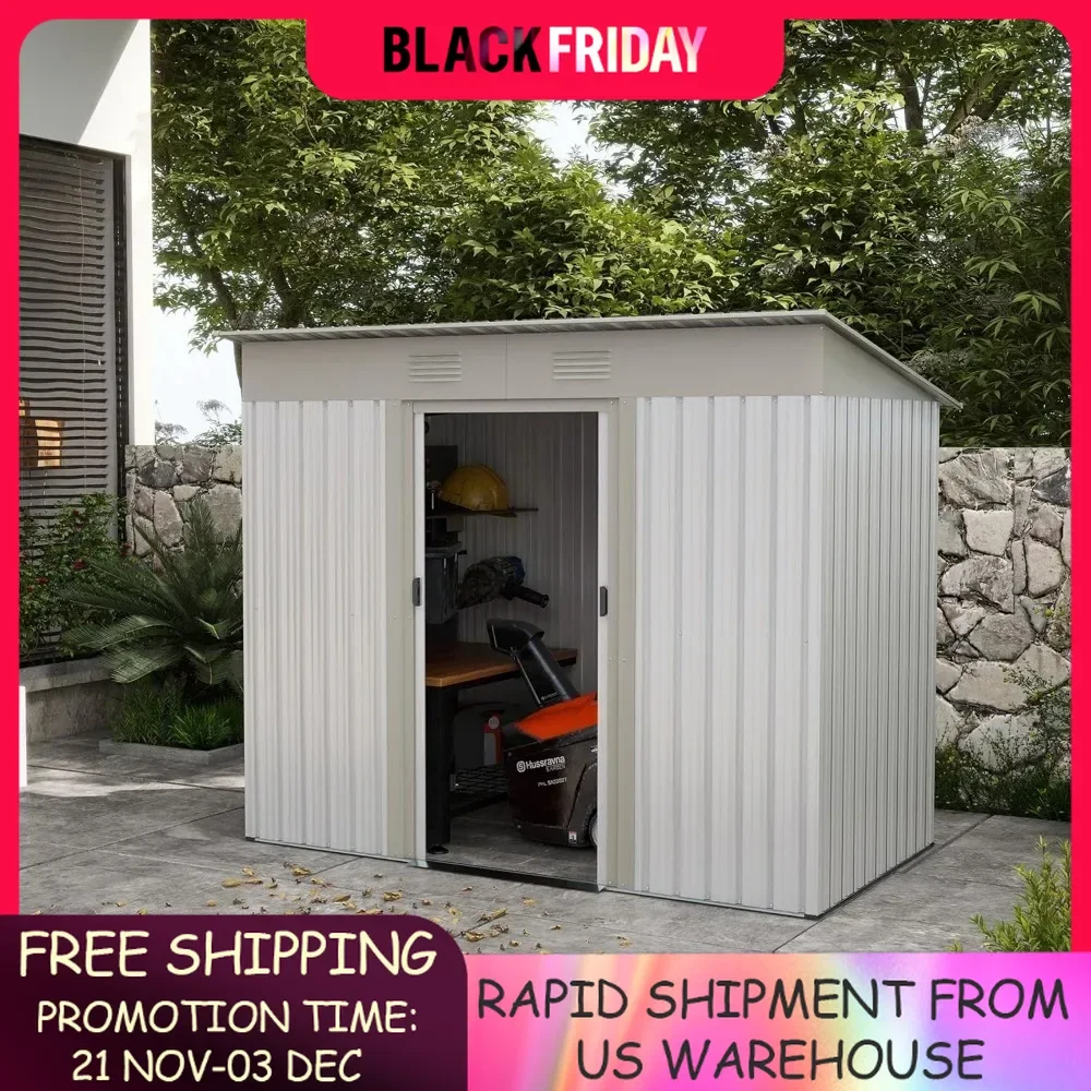 

7x4 FT Metal Lean to Garden Storage Shed, Outdoor Storage Tool House with Double Sliding Doors, 2 Air Vents for Backyard