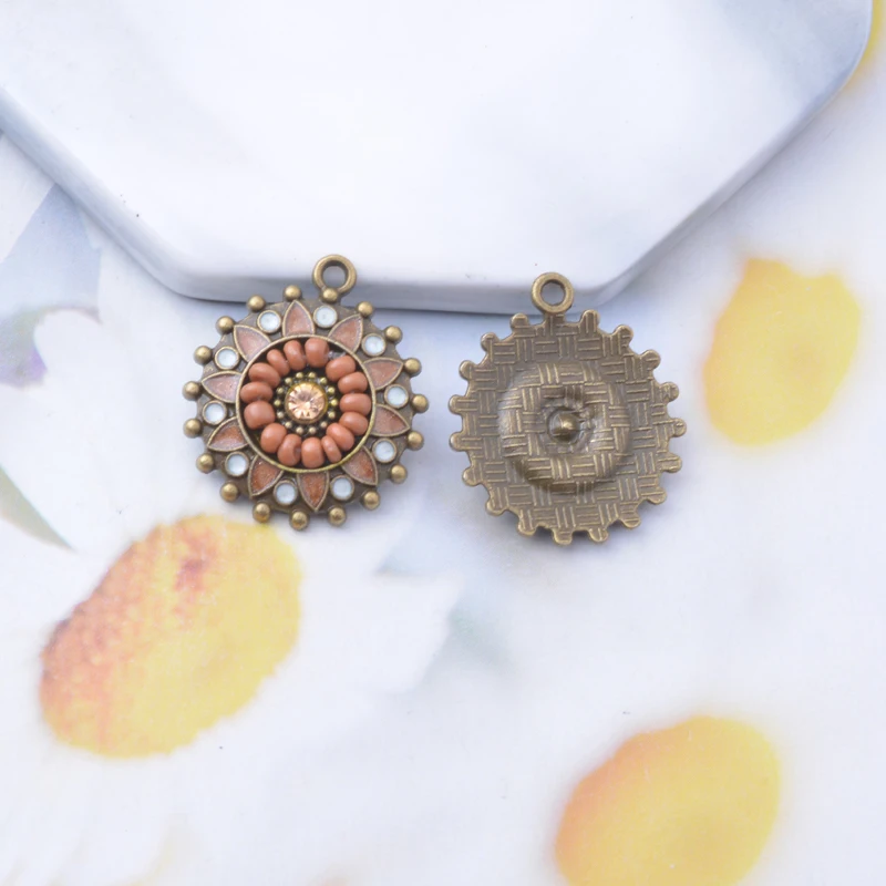 10 Stück/Set 21*24mm Legierung Antik-Bronze Runder Blumen-Anhänger Schmuckzubehör Emaillierter Anhänger – Detail 3
