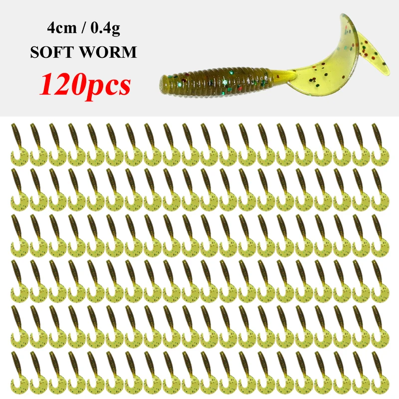 120Pcs New Soft Bait 4cm0.4g Fishing Lures Plastic Silicone Worm Moggot Grub Lure Saltwater Wobblers Carp Swimbait for Pike Tool