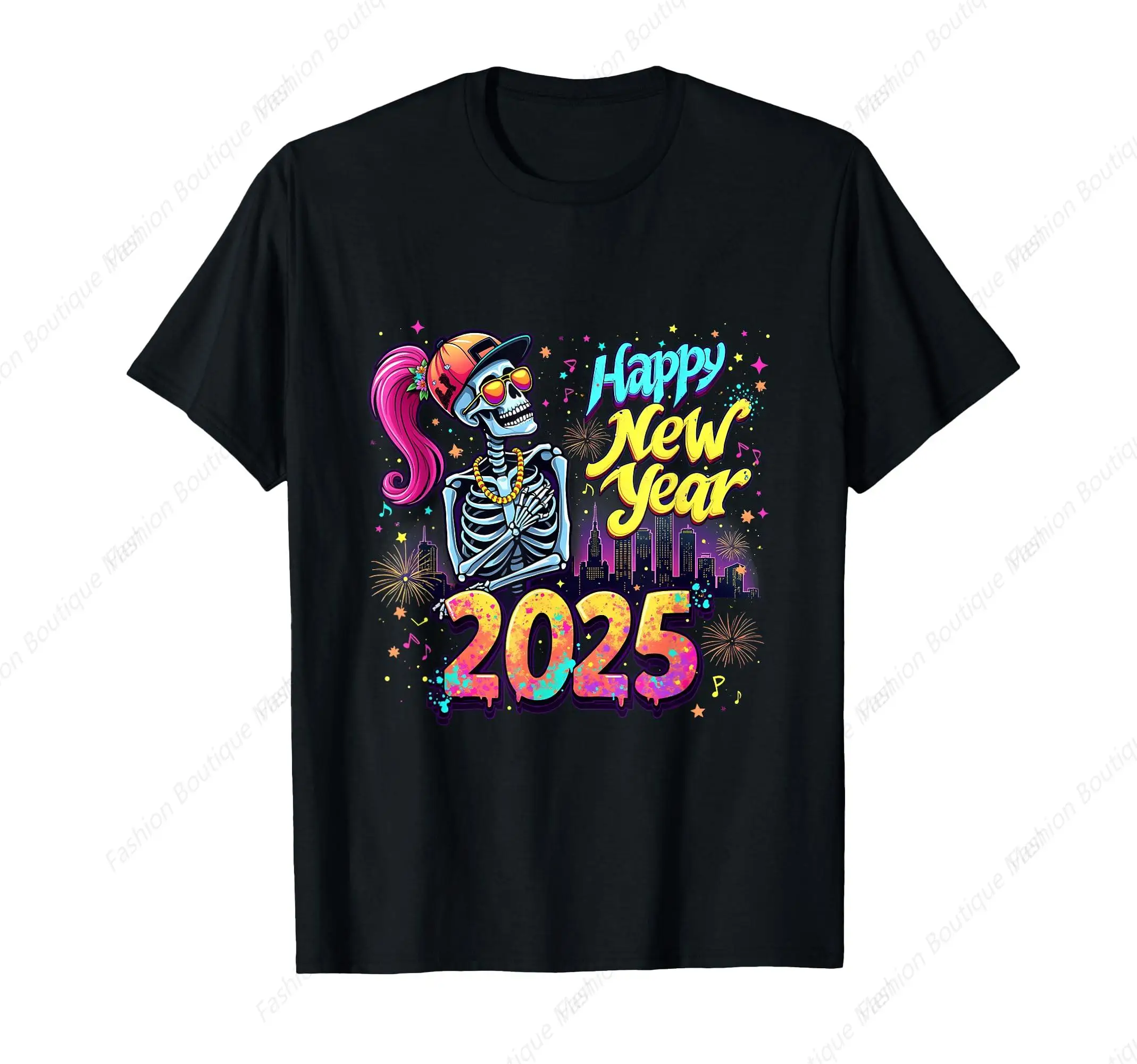 

Hot-Selling Happy New Year 2025 Retro Cool Skeleton Firework Skeleton T-Shirt Leisure Cotton O-Neck Tee Unisex