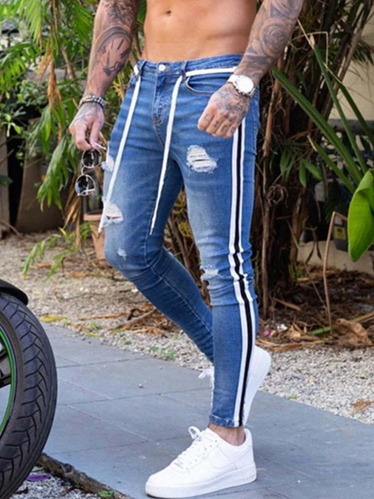 Men\'s Ripped White Jeans Casual Slim Denim Trousers Side-Stripe Skinny Pencil Pants Biker Stretch Jeans Fashion Men Clothing