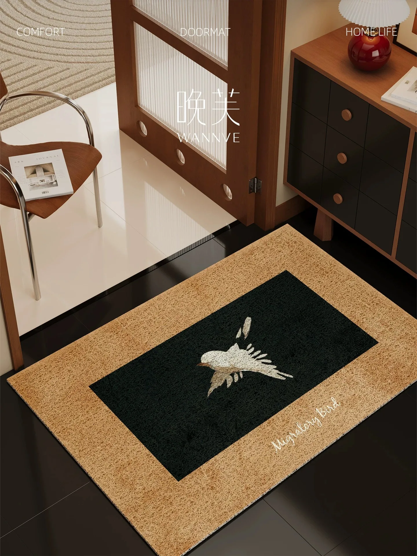 Elegant Oriental Bird Art Entrance Doormat, Traditional Chinese Painting PVC Spaghetti Mat, Scraping Mud & Dustproof Floor Rug