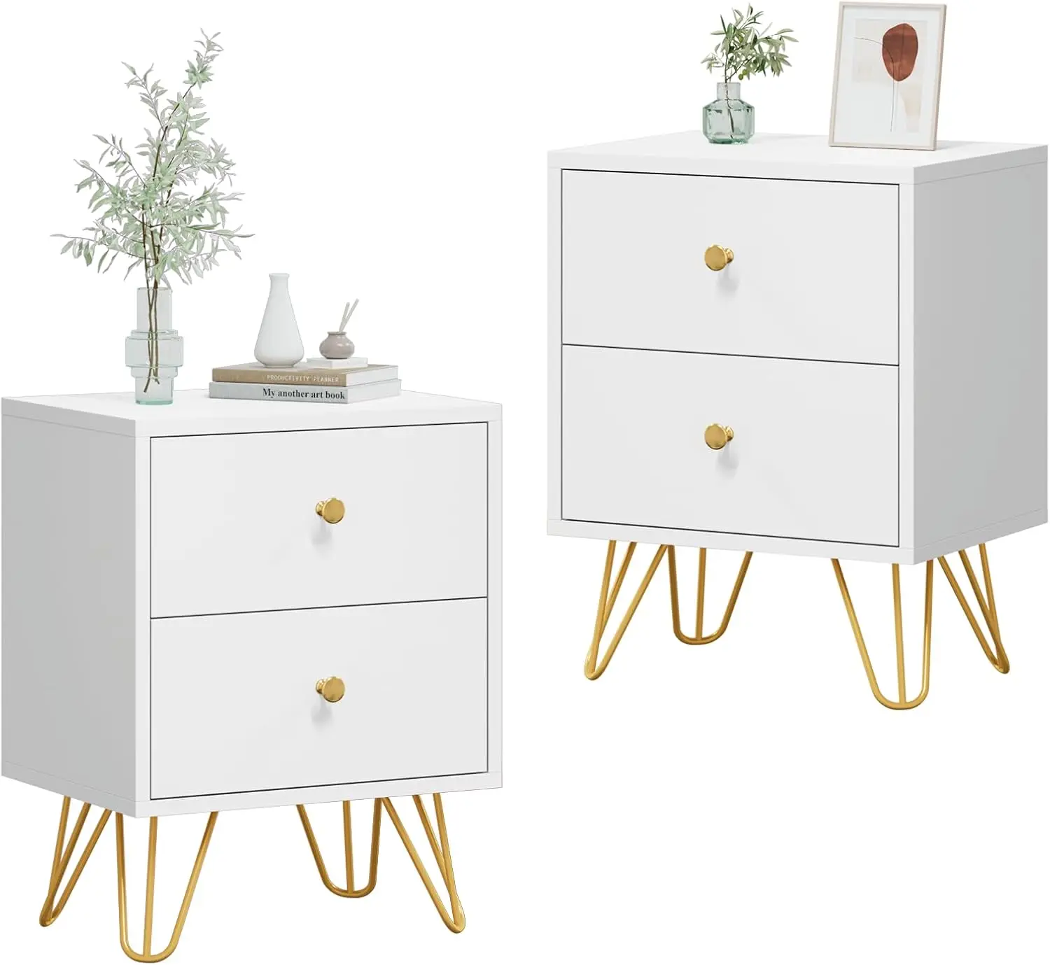 

Nightstand Set of 2, End Side Table Double, Bedside Table with 2 Drawers, Dual Night Stand Metal Legs and Knobs for Bedroom