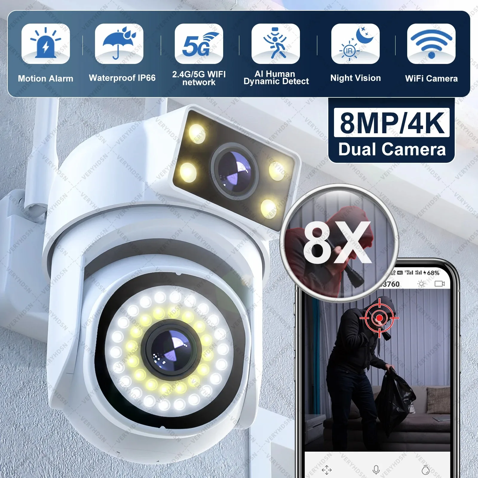 8MP 4K Dual Lens WIFI Surveillance Camera Outdoor IP Camera Video CCTV Dual Screen Auto Tracking IP66 Waterproof 8X Digital Zoom