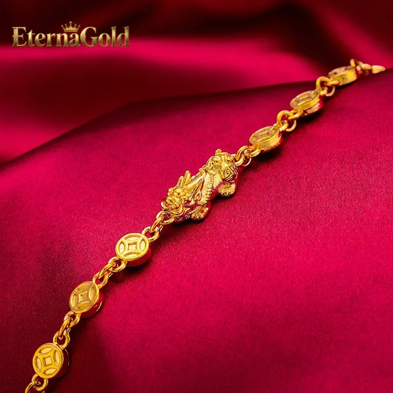 

EternaGold Pixiu Bracelet for Women, 24K Gold, AU999 | Matte gold pixiu with garnet beads, rugged vintage style for casual luck