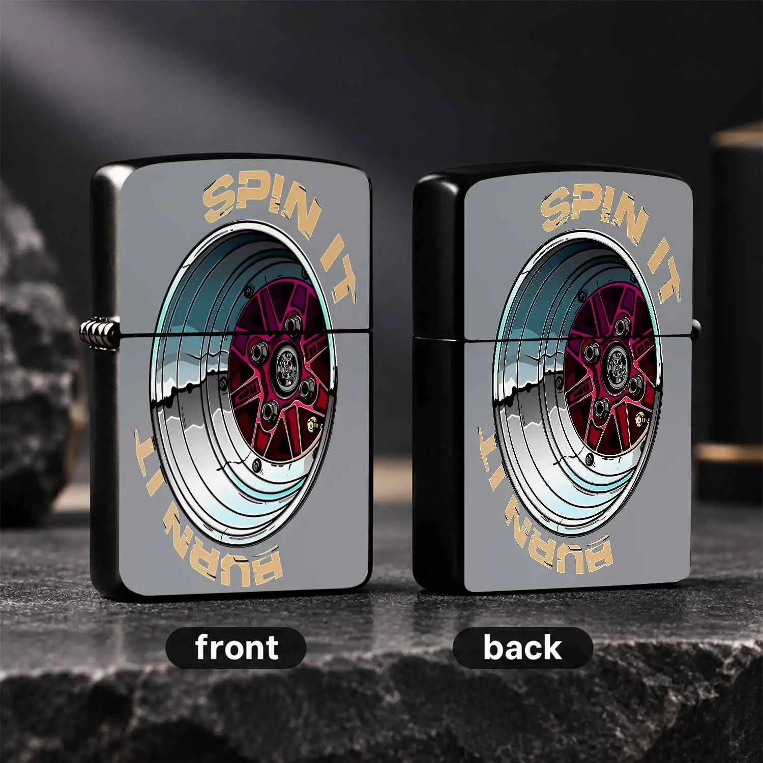 Trendy Modified Wheel Themed Lighter, Fun Spin Itit Creative Print Design, Portable Practical Daily Carry Item, Unique Vibe Accessory For Car Enthusiasts, Suitable For Multiple Scenarios Nice Gifting Choice A Humorous And Interesting Lighte