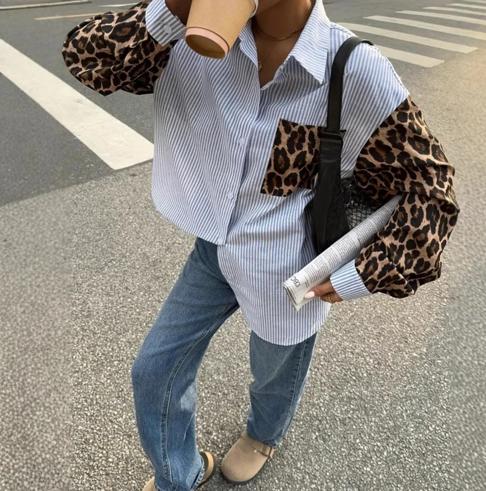 

Early autumn womens new lapel striped leopard print splicing print fashionable casual long
