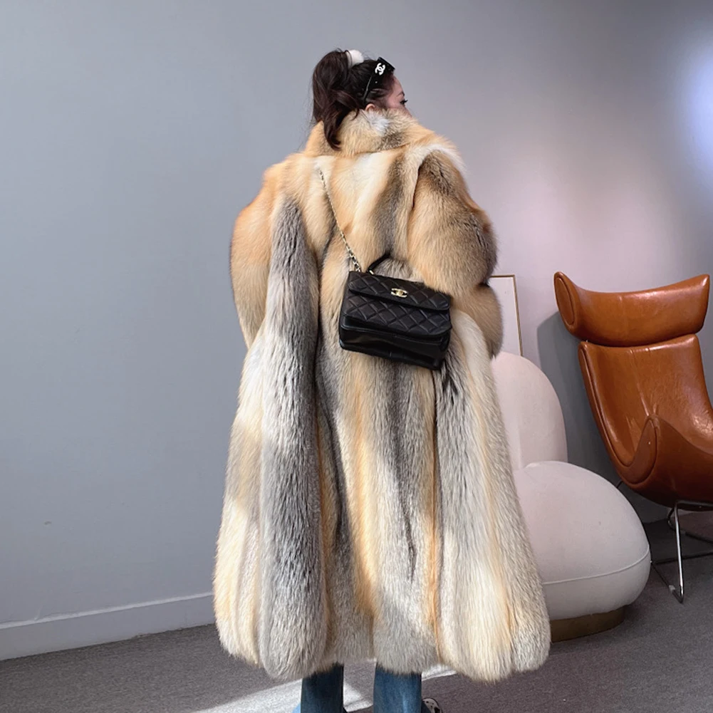 Denny&Dora Women's Fox Fur Coat Long Imported Fox Fur Coat With Lapel Collar Winter Women Overcoat