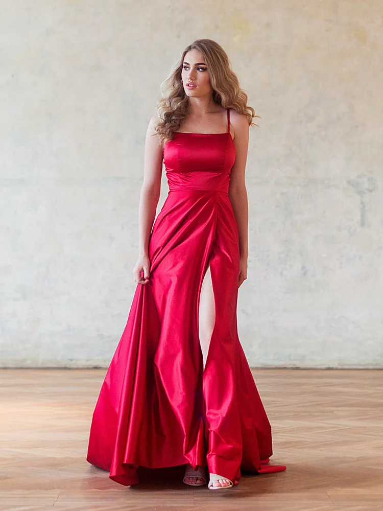 Jirocum Sexy Sweetheart Ball Dress A-line Open Back Satin Evening Party Formal Party Evening Gowns Simple Red Side Split Dresses