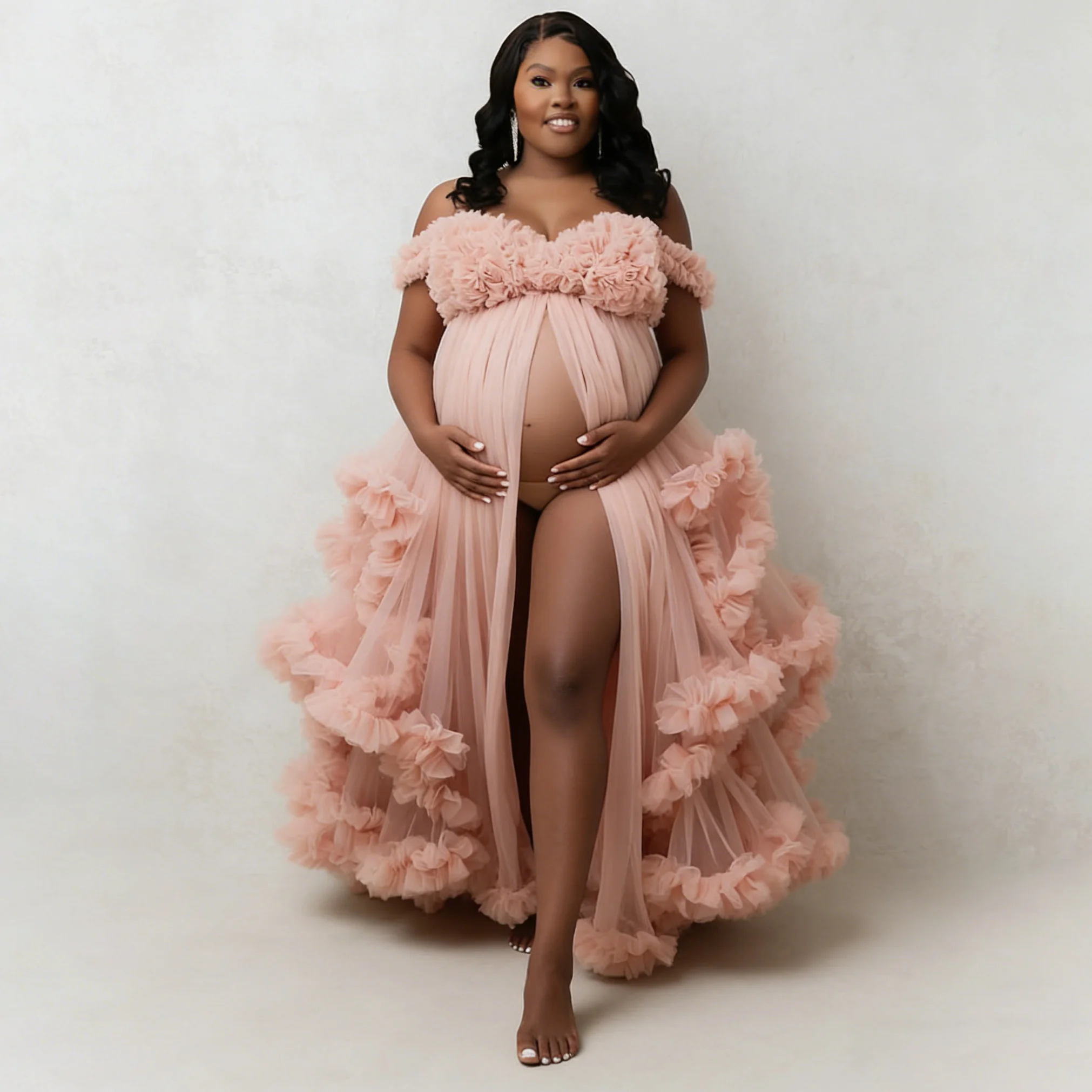 

Chic Ruffle Evening Dresses Women's Tulle Robe Sweetheart Puffy Sheer Long Photo Bathgown for Maternity Photo Shoot Customized