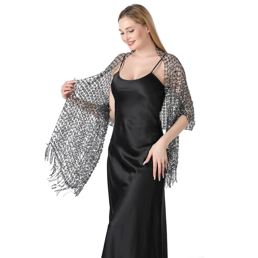 Ladies Elegant Sparkle Sequin Fringe Scarf Formal Hollow Out Glitter Shawl Vintage Wrap Boho Headscarf Party