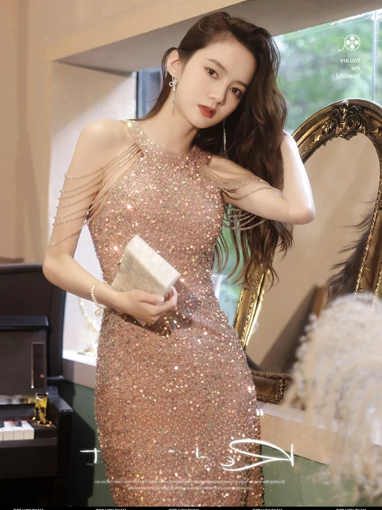 

Вечернее платье с пайетками для женщин, элегантное, приталенное, для повседневной носки, средней длины, из бархатной ткани, бальное платье