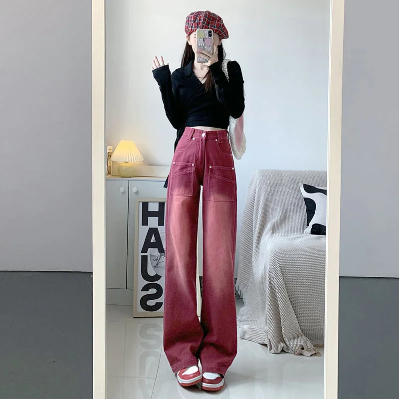 American Casual Jeans Women's Street Style Loose Denim Trousers High Waist Y2k Retro Washed Old Wide-leg Pants Red Tooling