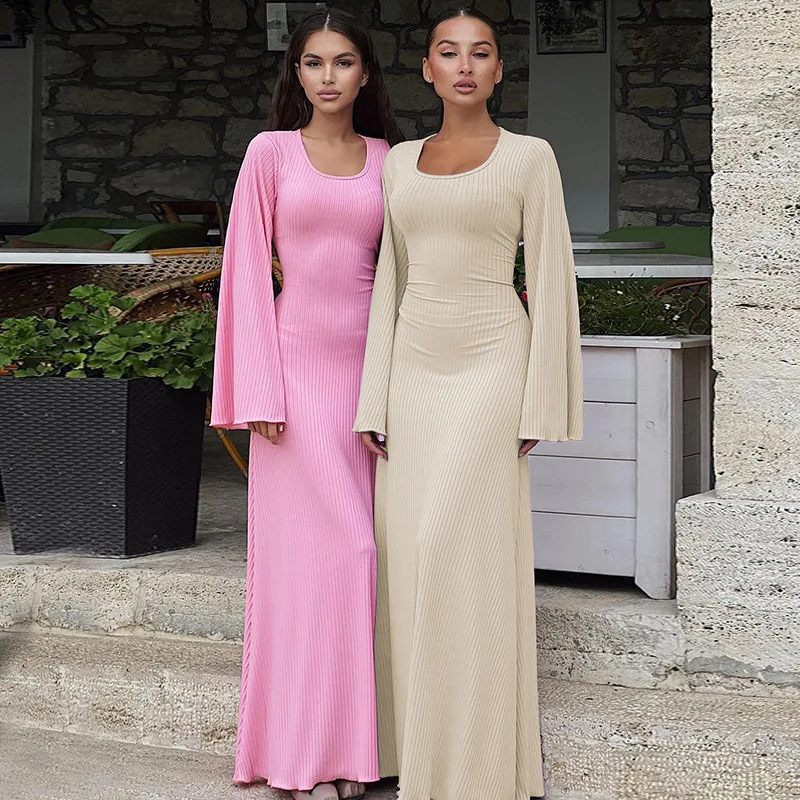

2026 Spring Autumn Women Fashion Loose U Neck Back Tie Up Long Sleeve Ribbed Maxi Dress Elegant Casual Streetwear