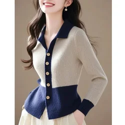 New Turn-down Collar Long Sleeve Fashion Sweater Women Chic High Street Casual Button Cardigan Patchwork Elegant All-match Tops