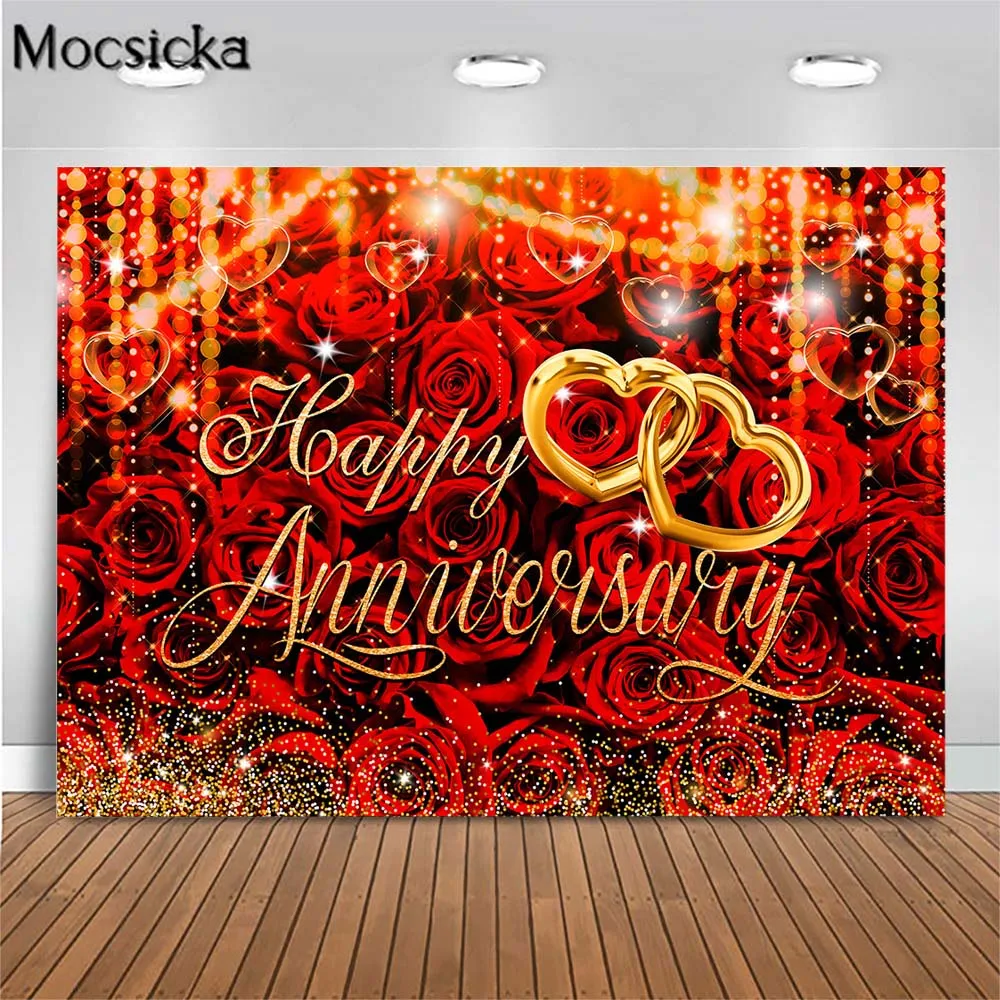 

Mocsicka Red Rose Flowers Wall Backdrop for Photography Bokeh Heart Happy Anniversary Wedding Background Photo Studio Photoshoot