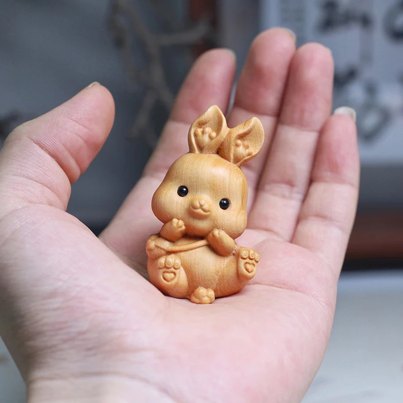 Mini Wood Carving Easter Rabbit Ornaments Zodiac Statue Cute Rabbit Animal Decor Office Desktop Decor Car Decoration Party Gift