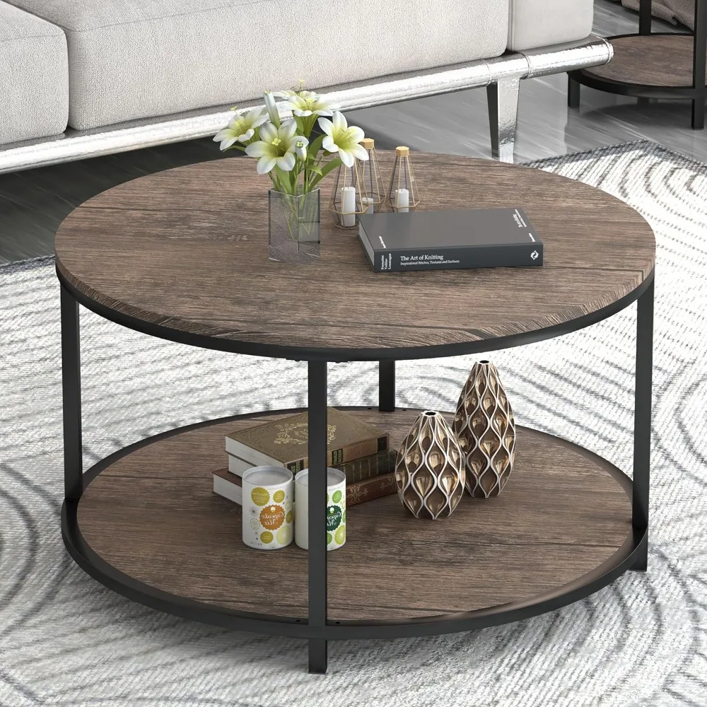 

Round Coffee Table, 27.5" Small Coffee Table for Living Room,2-Tier Rustic Wood Desktop with Storage Shelf Modern Design Home F