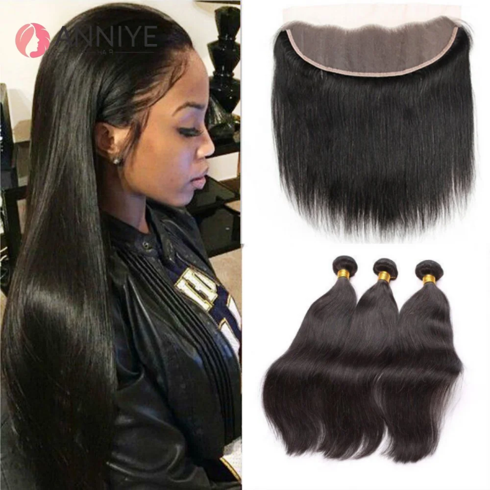 

Peruvian Straight 3 Bundles With 13x4 Lace Frontal Real Human Hair Closure With Bundles Weave Virgin Hair Natural Black Color