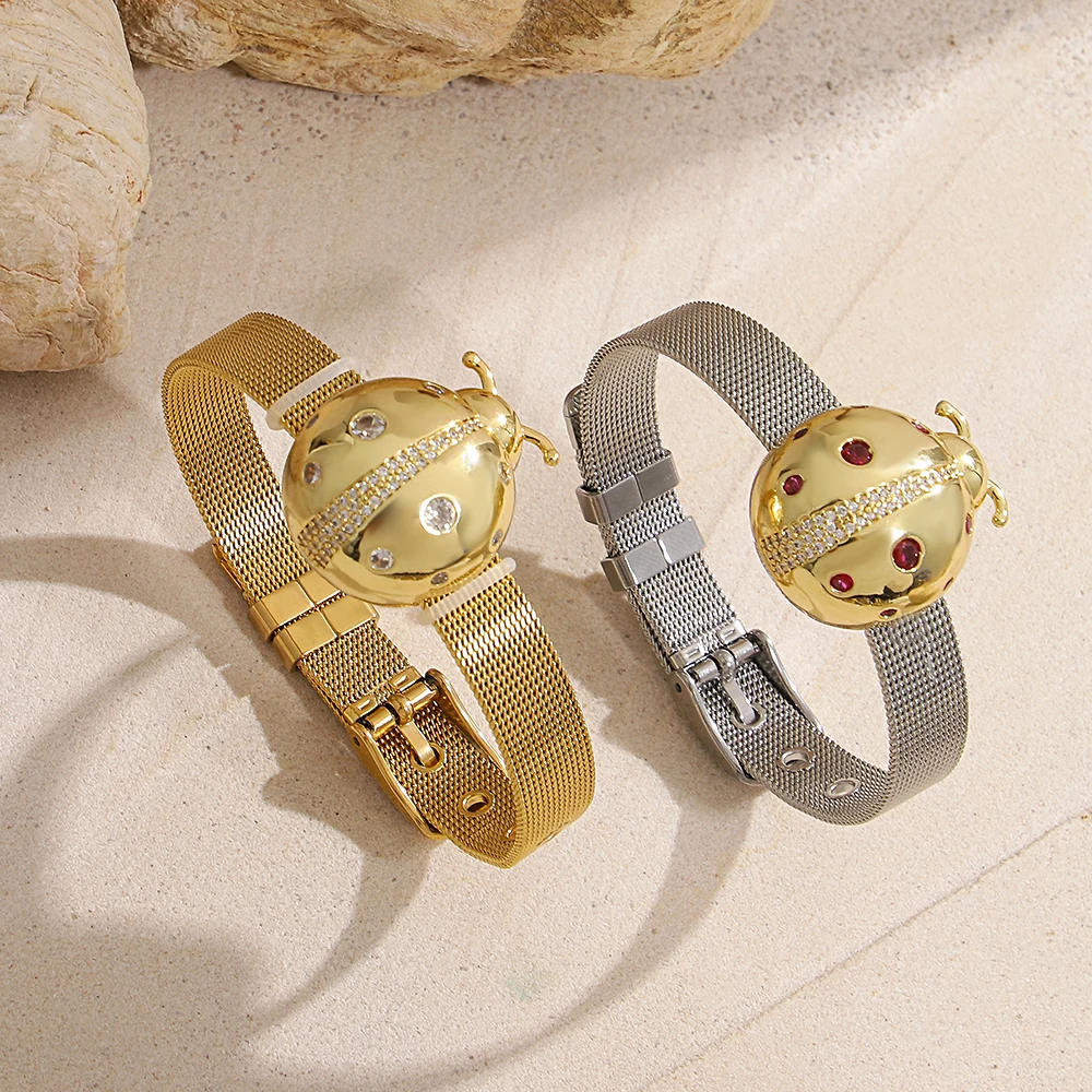 

Freetry Creative Stainless Steel Big Ladybug Round Bangle for Women Exaggerated Waterproof Wide Chain Bracelet Punk Men Jewelry