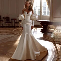 V-Neck Strapless Wedding Dress with Pleat Satin Mermaid Bride Floor Length Open Back Sweep Train Customized Civil Gowns Robe