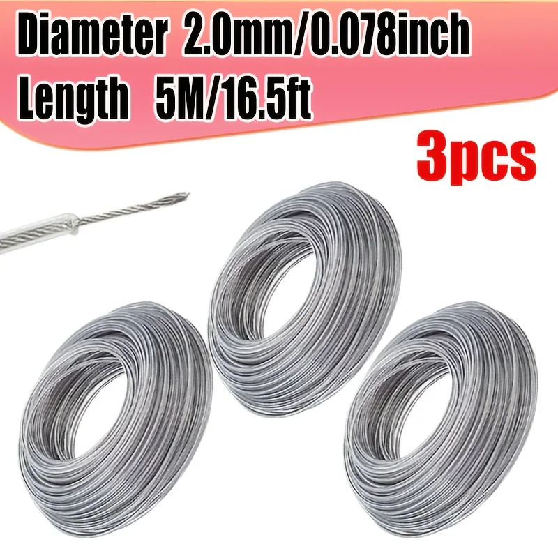 Paquete de 3 Cadenas de Nylon Resistentes para Desbrozadora, 16.4 pies, 2.0/2.4 mm de Grosor, Hilo para Cortar Hierba, Cuerda Duradera para Desmalezadora