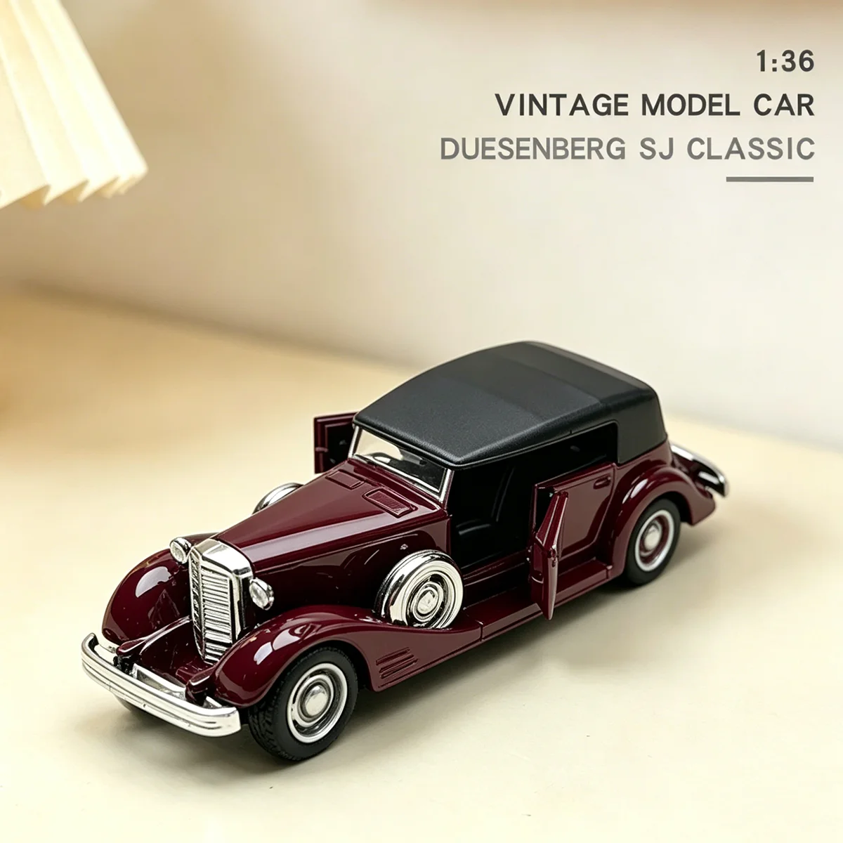 Modelo de coche clásico de aleación Duesenbeg SJ a escala 1:36, réplica de vehículo en miniatura con función de retroceso para colección y exhibición de regalo.