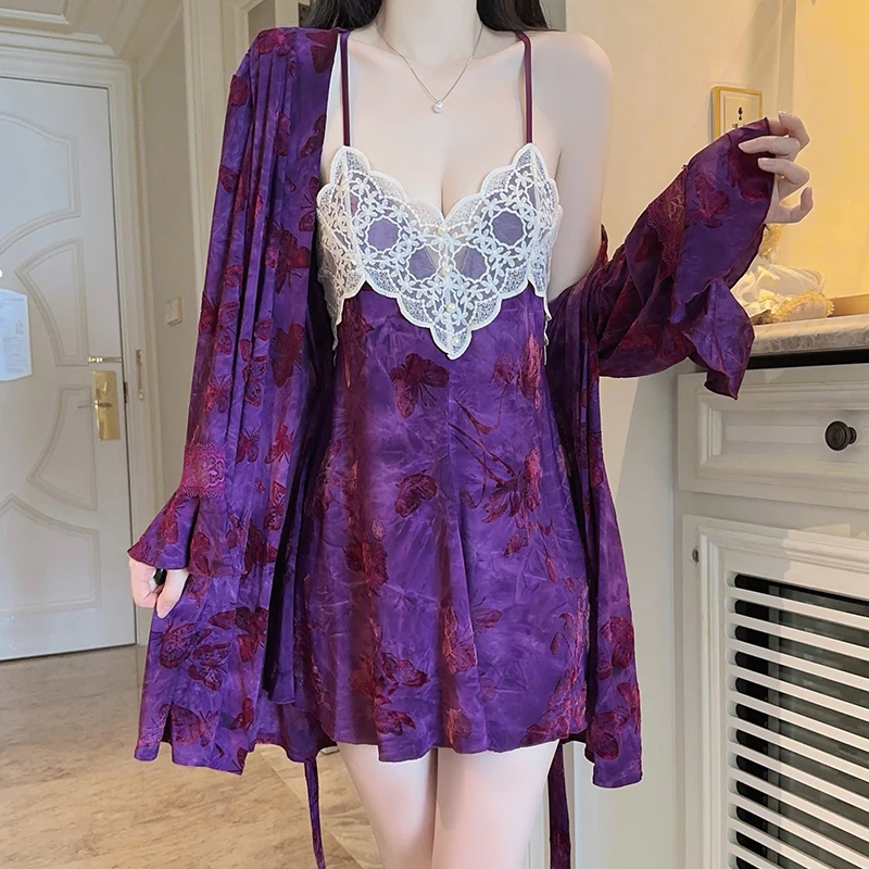 ชุดเสื้อคลุมสีม่วงชุดร่มกระโปรงผีเสื้อเปลือยหลังชุดราตรีผู้หญิงชุดนอนผู้หญิงเซ็กซี่ชุดชั้นในชุดนอน