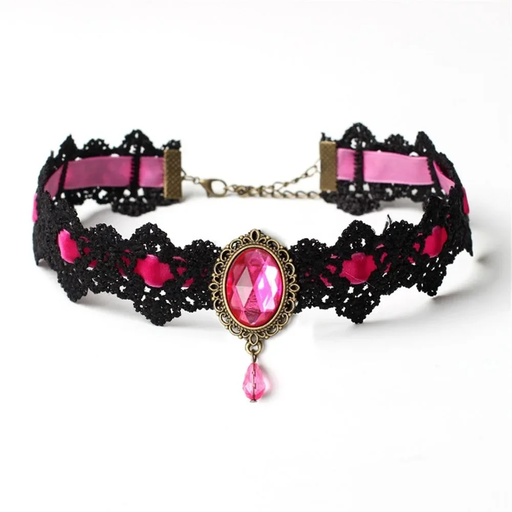 1PC New Vintage Gothic Choker Necklace Fashion Lace Gemstone Pendant Necklace for Women Girl Velvet Chain Cosplay Jewelry Gift