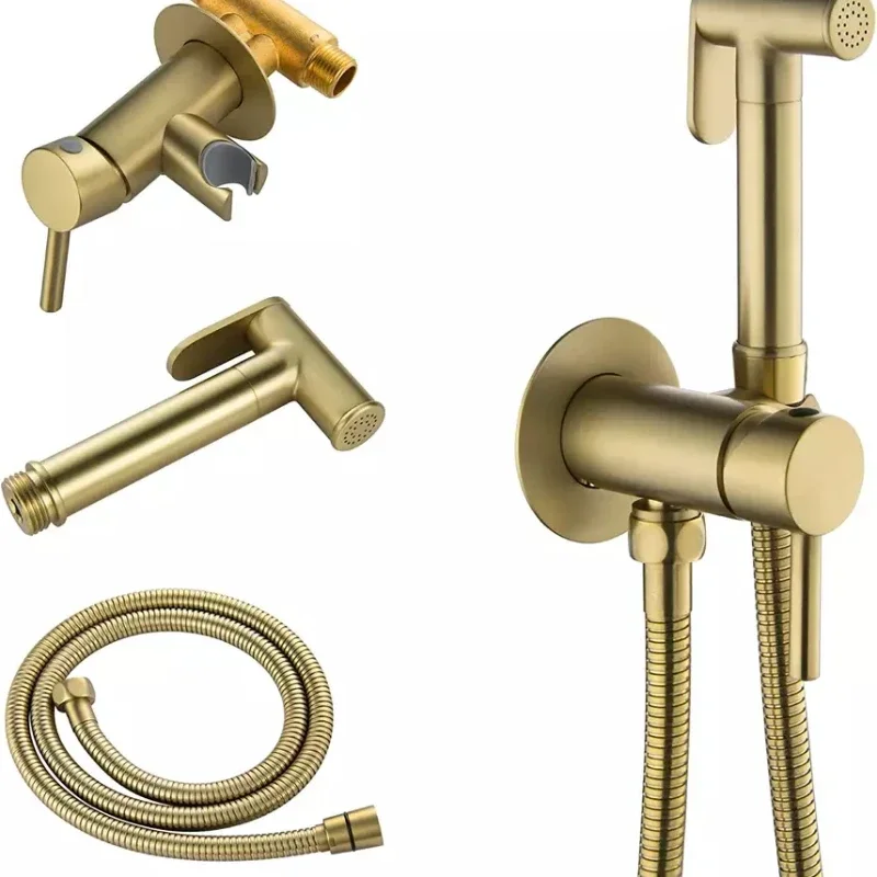 Gold Hot And Cold Bidet Sprayer Attachment Kit Pressure Adjustable T-valve Stainless Steel Hand Held Bidets