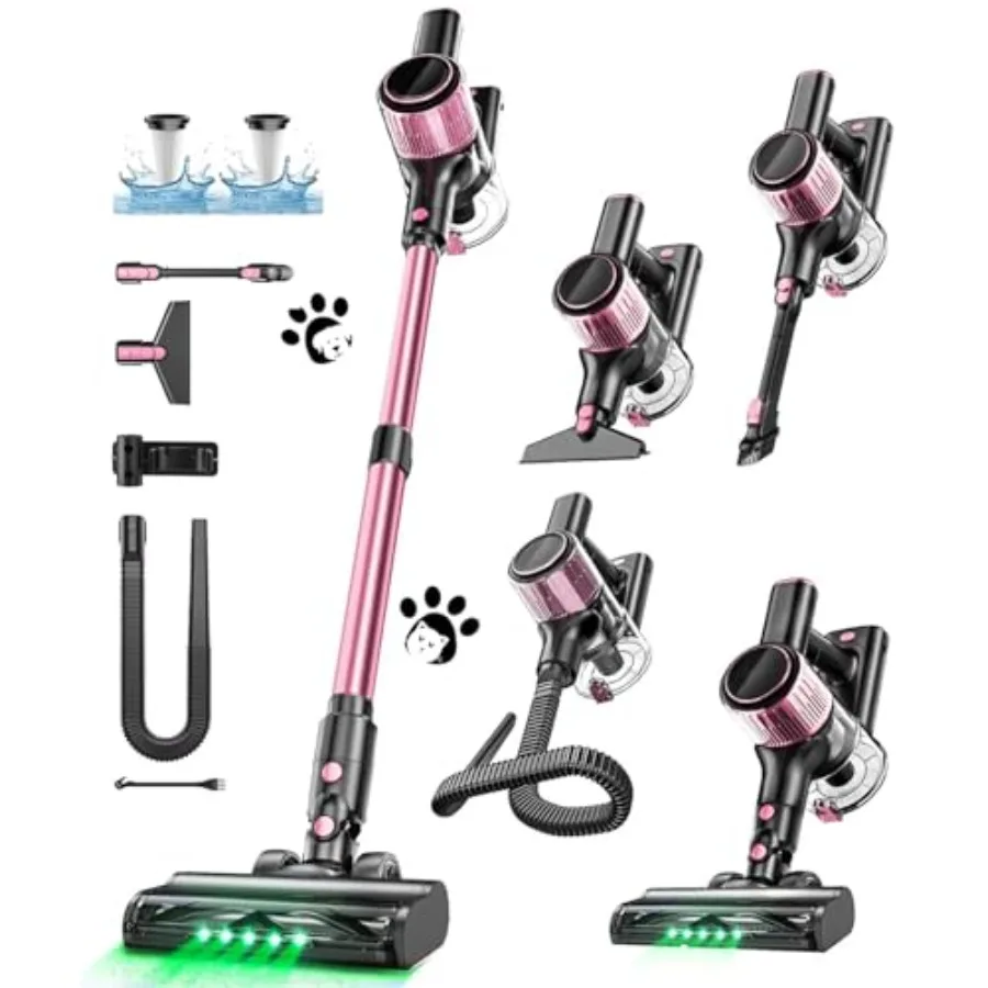 Cordless Vacuum Cleaner 10 in 1 Stick Vacuum with Powerful Suction Hose Green LED Light Anti-Tangle Brush Lightweight Rechargea