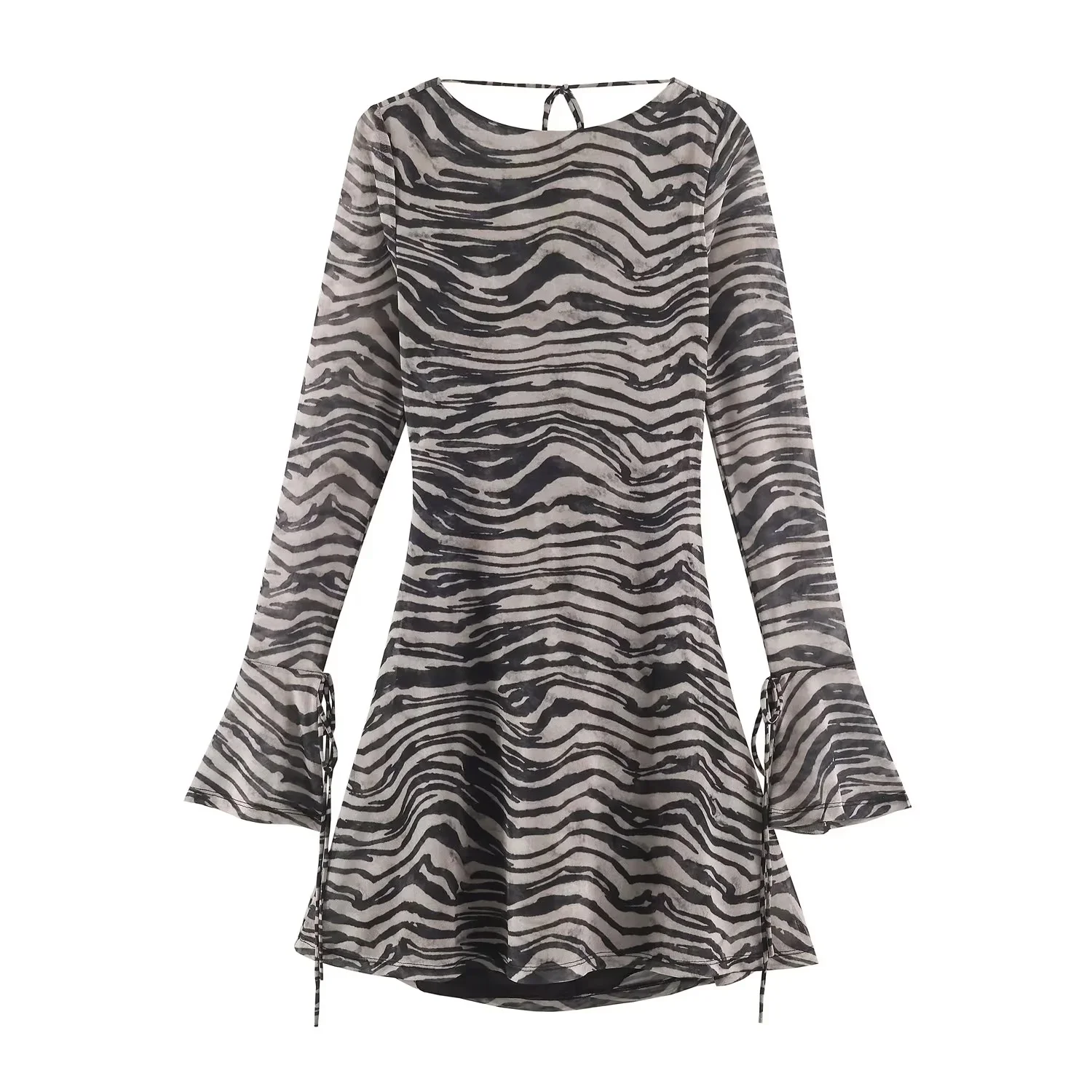 KONDALA Elegantes Vintage Sexy Damen Mini-Kleid Leopardenmuster Rückenfreies Langarm-Kleid mit Schnürung Mode 2026 Herbst Partykleid – Detail 3
