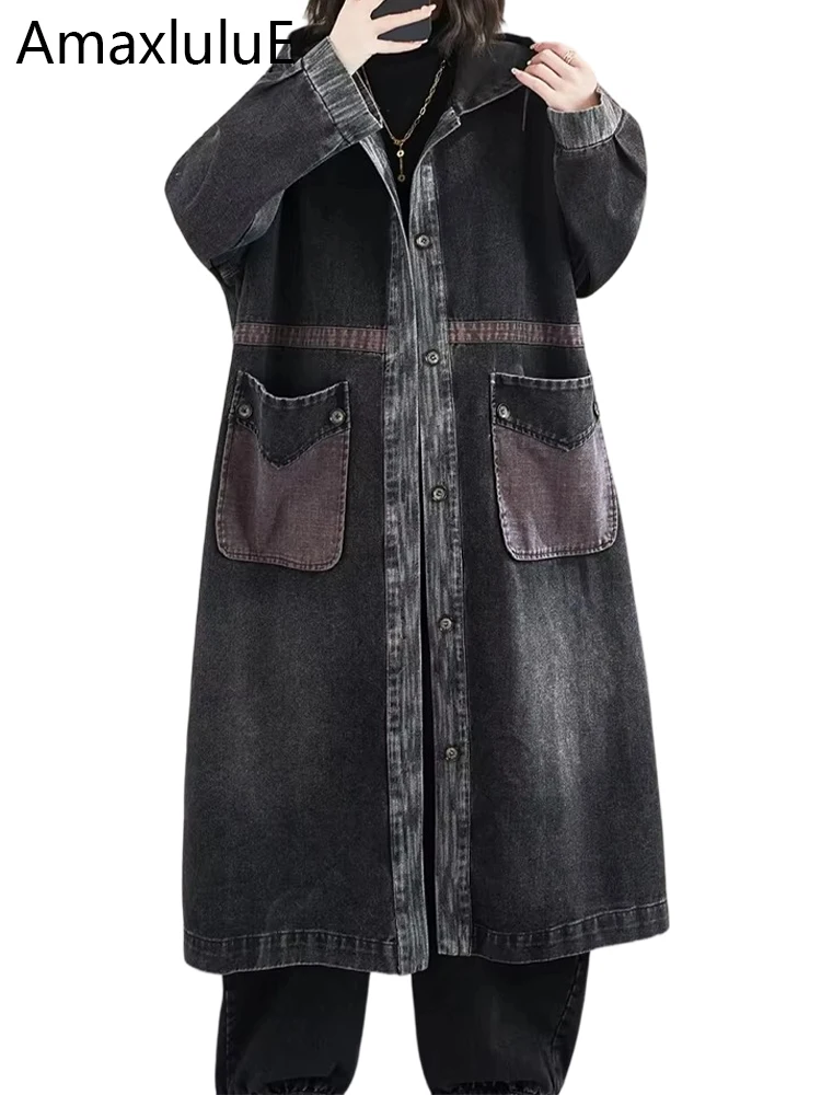 

Amax LuluE 2026 British Women Vintage Hooded Denim Trench Ladies Spring Casual Fashion Windbreakers Patchwork Classic Long Coats