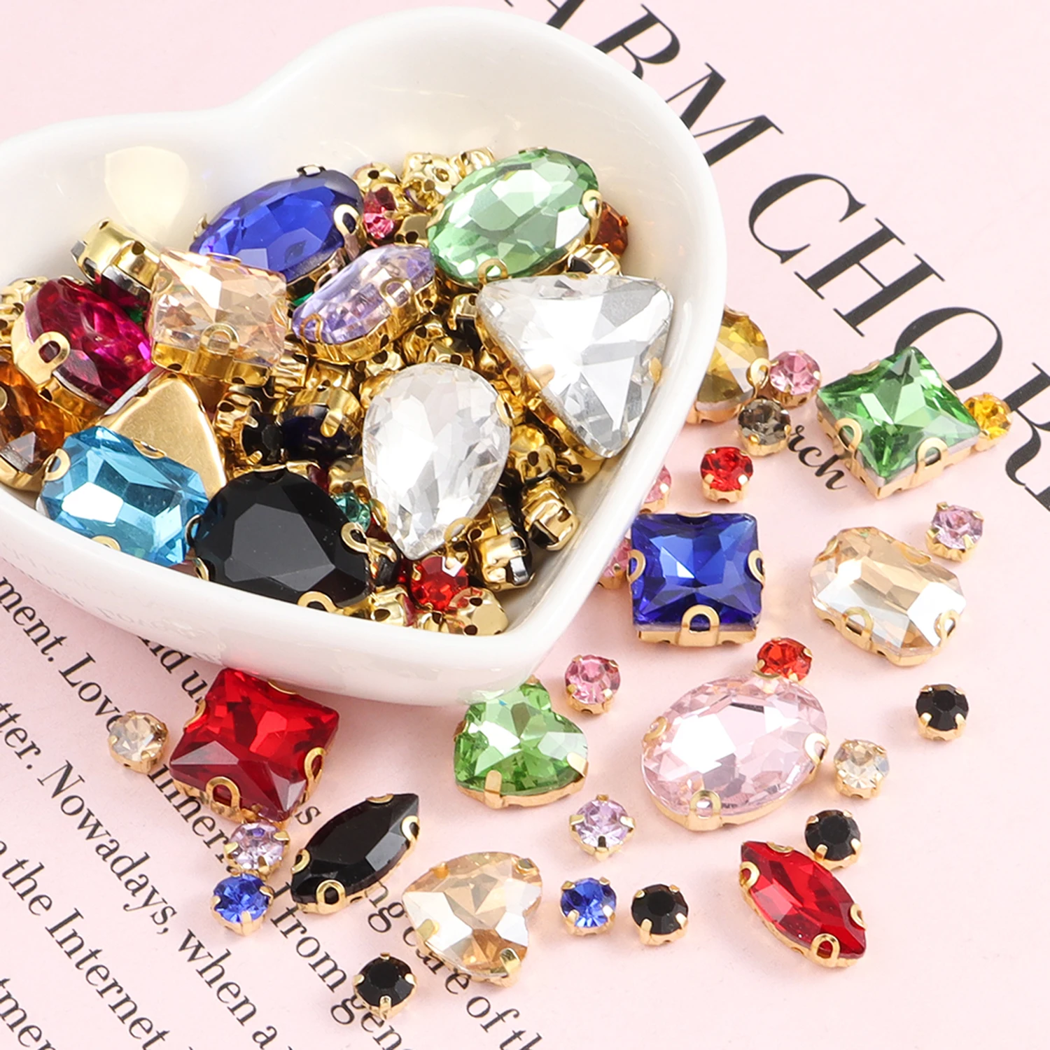 50/130pcs Shiny Mixed Love Shape Sew on Glass Rhinestone Gold Claw Crystal Buckle Diy Wedding Decoration Clothes Shoe Dress Bag