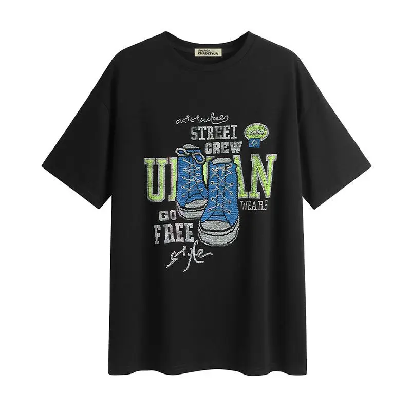 T-shirt surdimensionné Flash Diamond, vêtements de repassage, gros MM pur coton, haut à manches courtes pour femmes