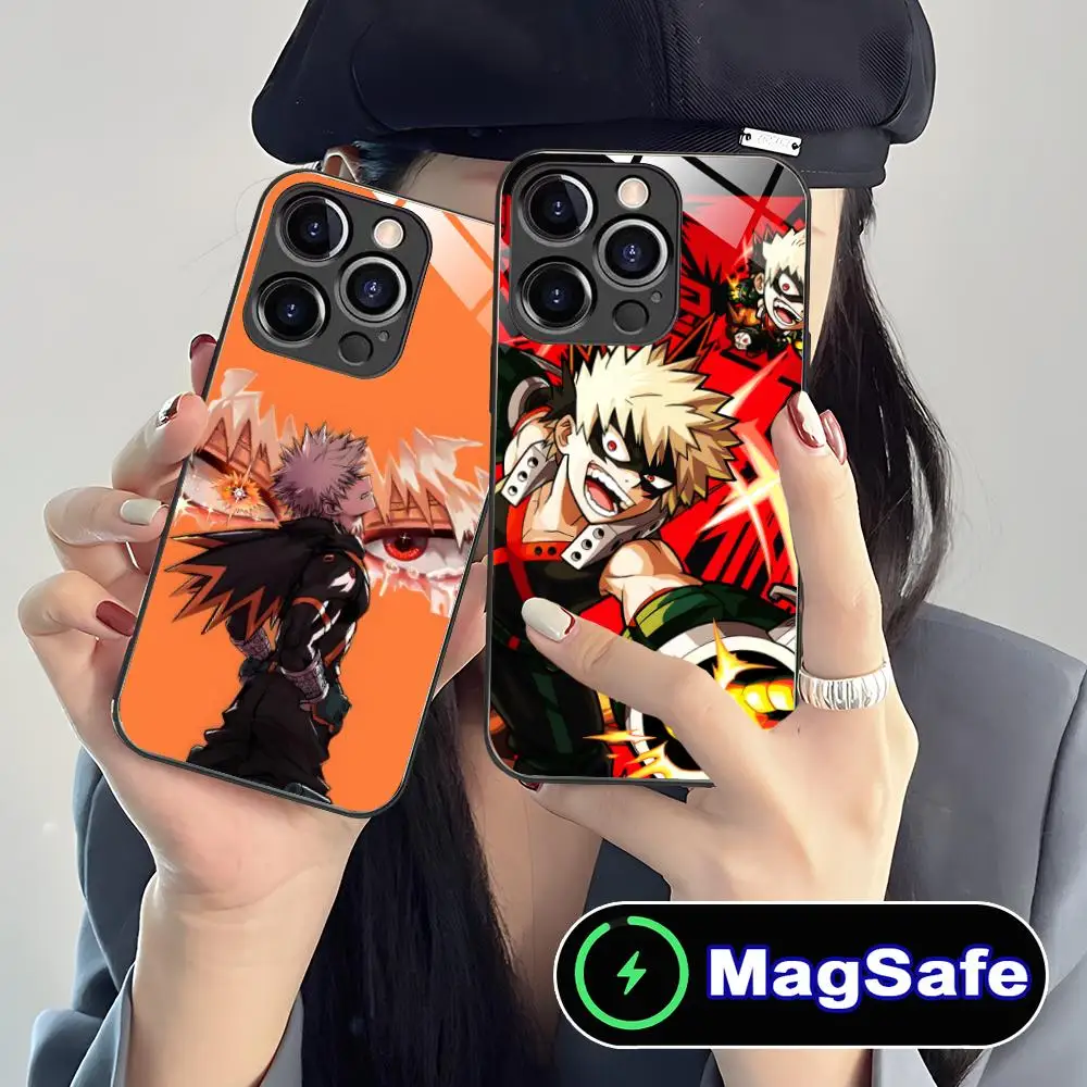 

My Hero Academia Bakugo Phone Case for iPhone 16 15 14 13 12 11 Pro Max Plus Mini MagSafe Glass Colour Protective Cover Luxury