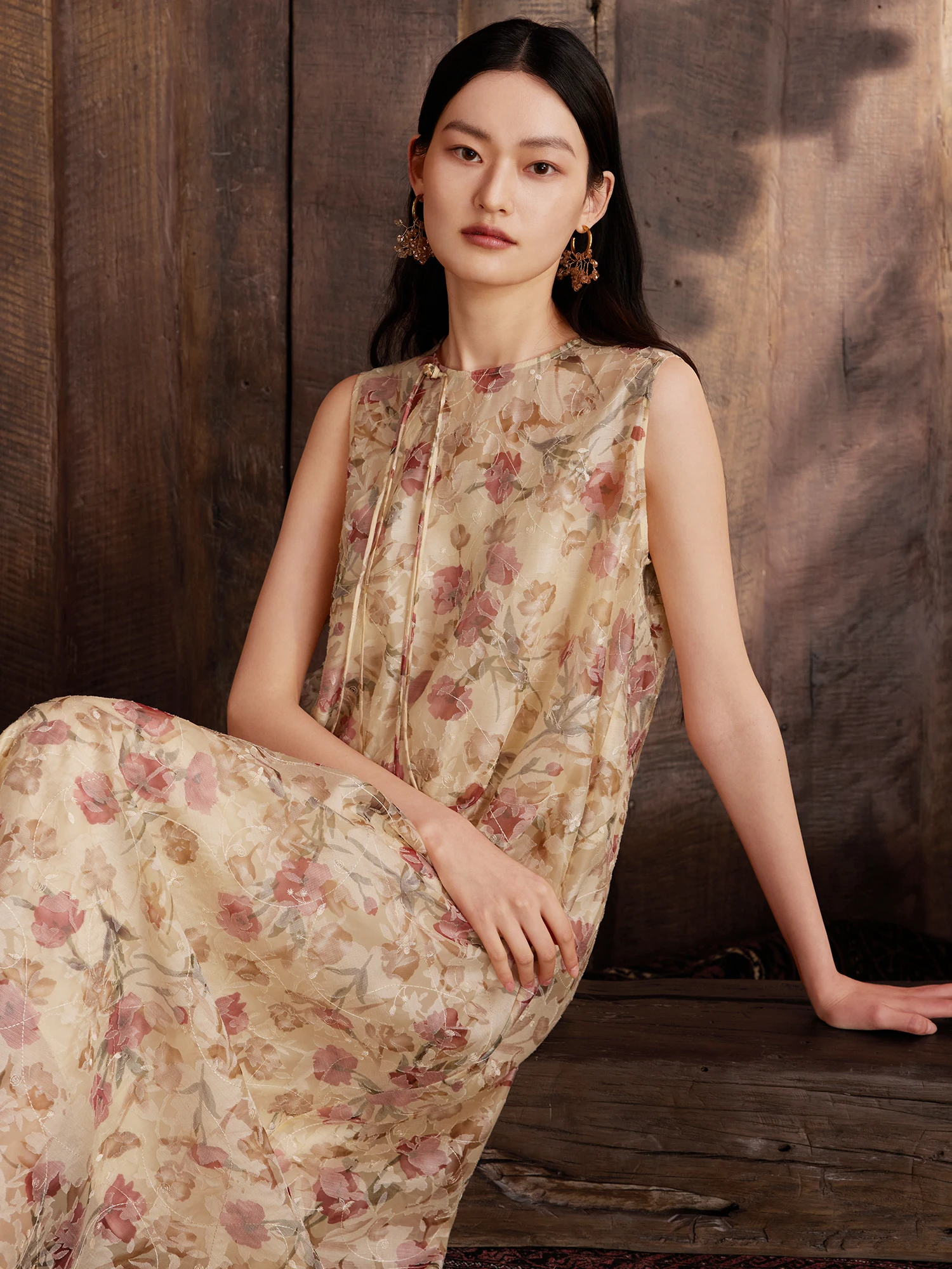 

Summer New round Neck Printed Embroidered Acetate Long Dress Women's Clothing Chinese Style Loose Waist Sensation Cool Feeling